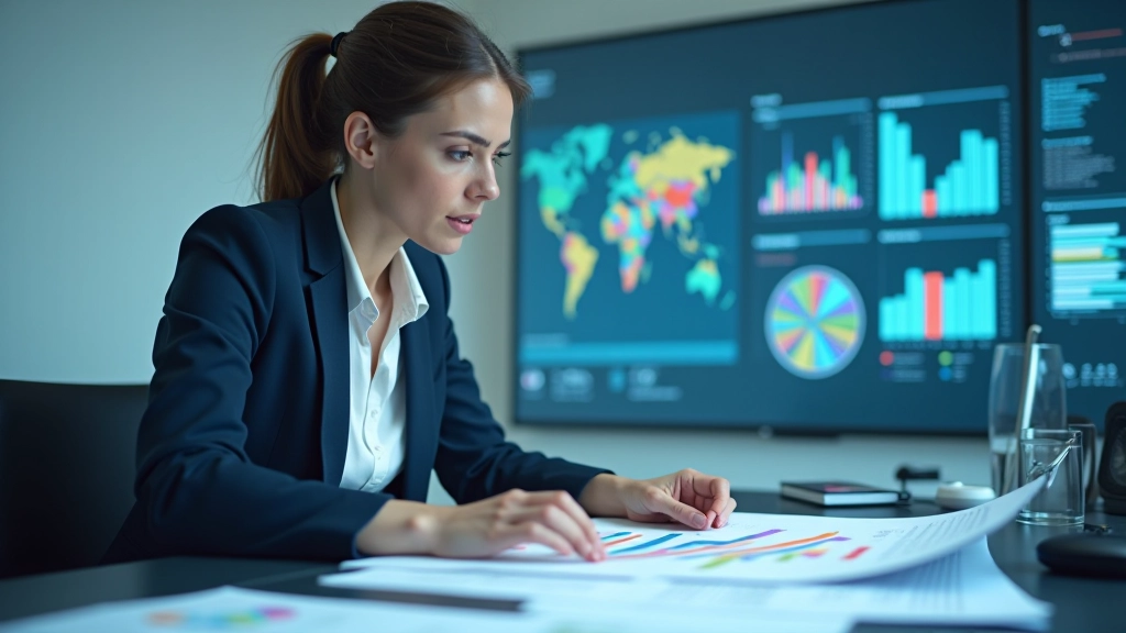 Analitiko žiūrinti į skirtingų spalvų duomenų grafiką su skaitmeniniais skaičiais ir statistika